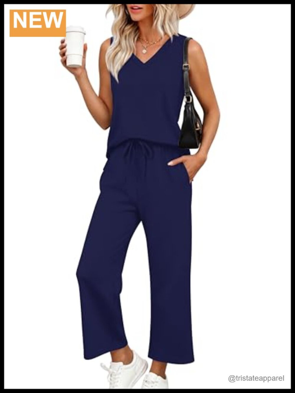 Two Piece Lounge Set Sleeveless V-Neck Tank Wide Leg Pants Travel Vacation